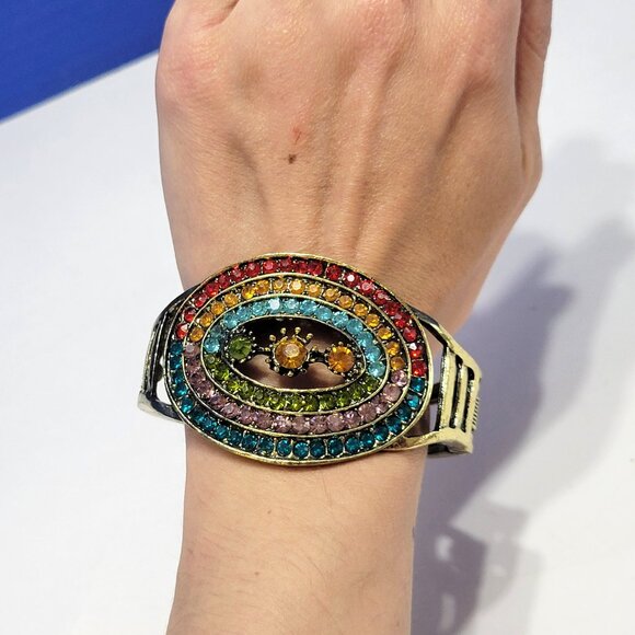 Vintage Rainbow Rhinestone Clamper Bangle Statement Bracelet - Picture 9 of 9